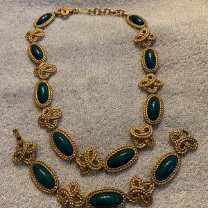 Monet Faux Jade Gold Necklace and Bracelet